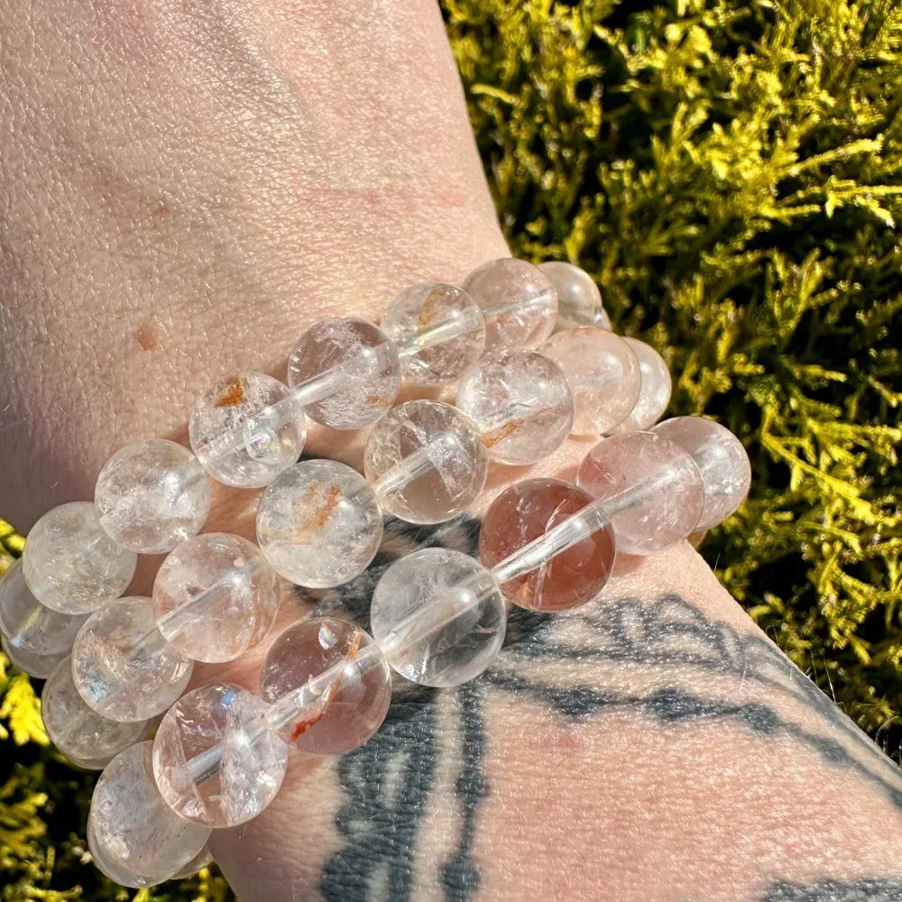 Beautiful Natural Golden Healer and Red Hematoid Quartz 10mm Beaded Bracelet - Picture 2 of 10